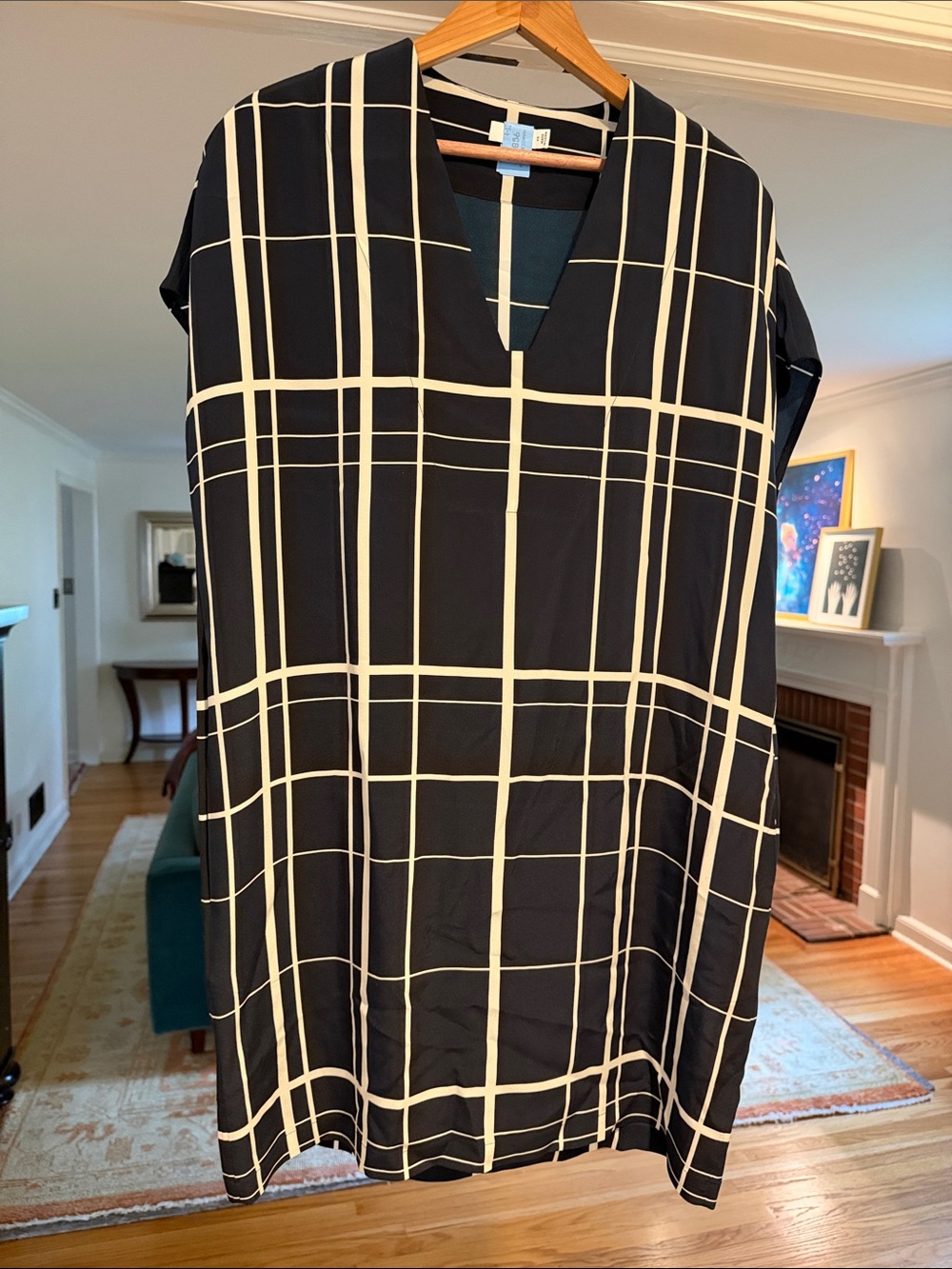 Vince Black and Cream Windowpane Shift Dress 100% Silk